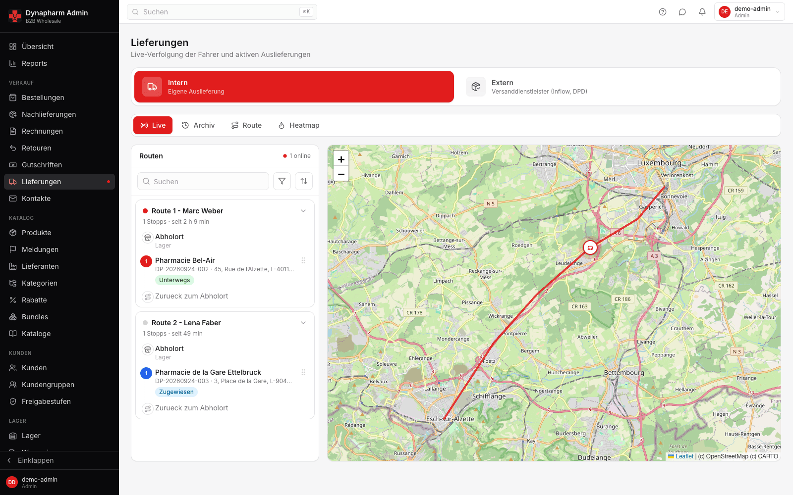 Dynapharm live delivery tracking with driver routes on a map