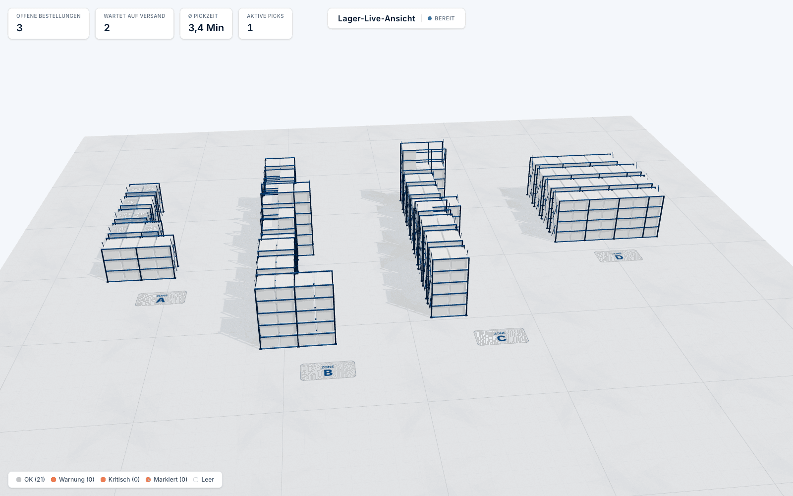 Dynapharm 3D live warehouse view with zones and racks