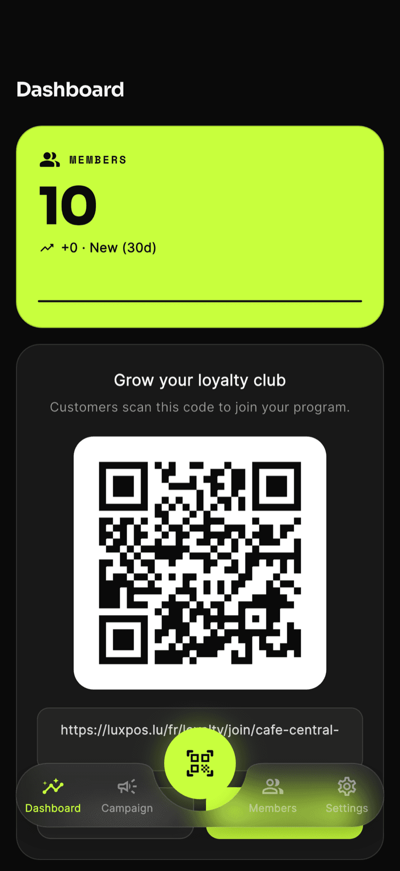 LUXPOS Loyalty app dashboard with join QR code
