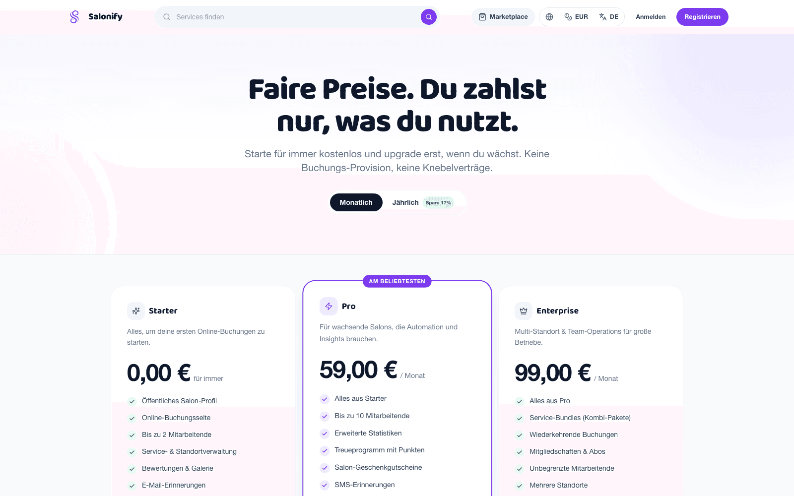 Salonify pricing page