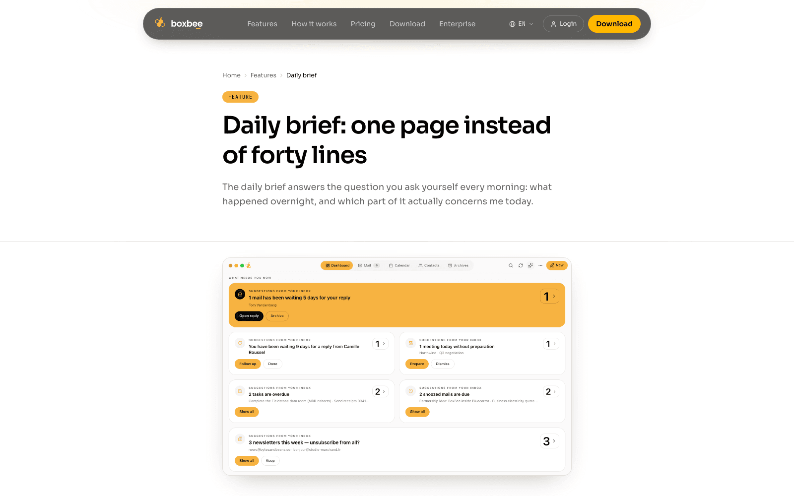 BoxBee daily brief feature page